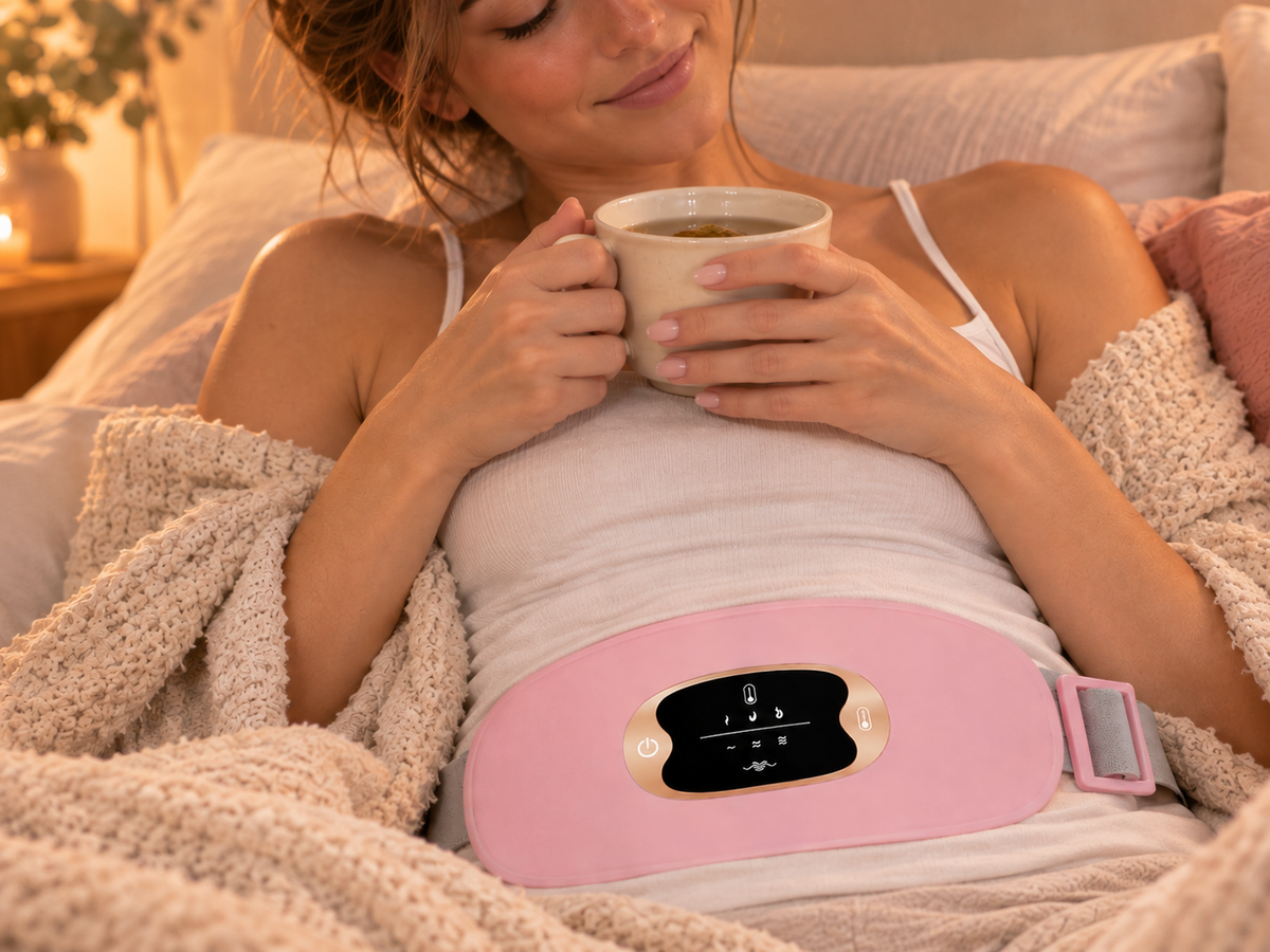 Woman drinking tea in bed wearing the ulmena belt